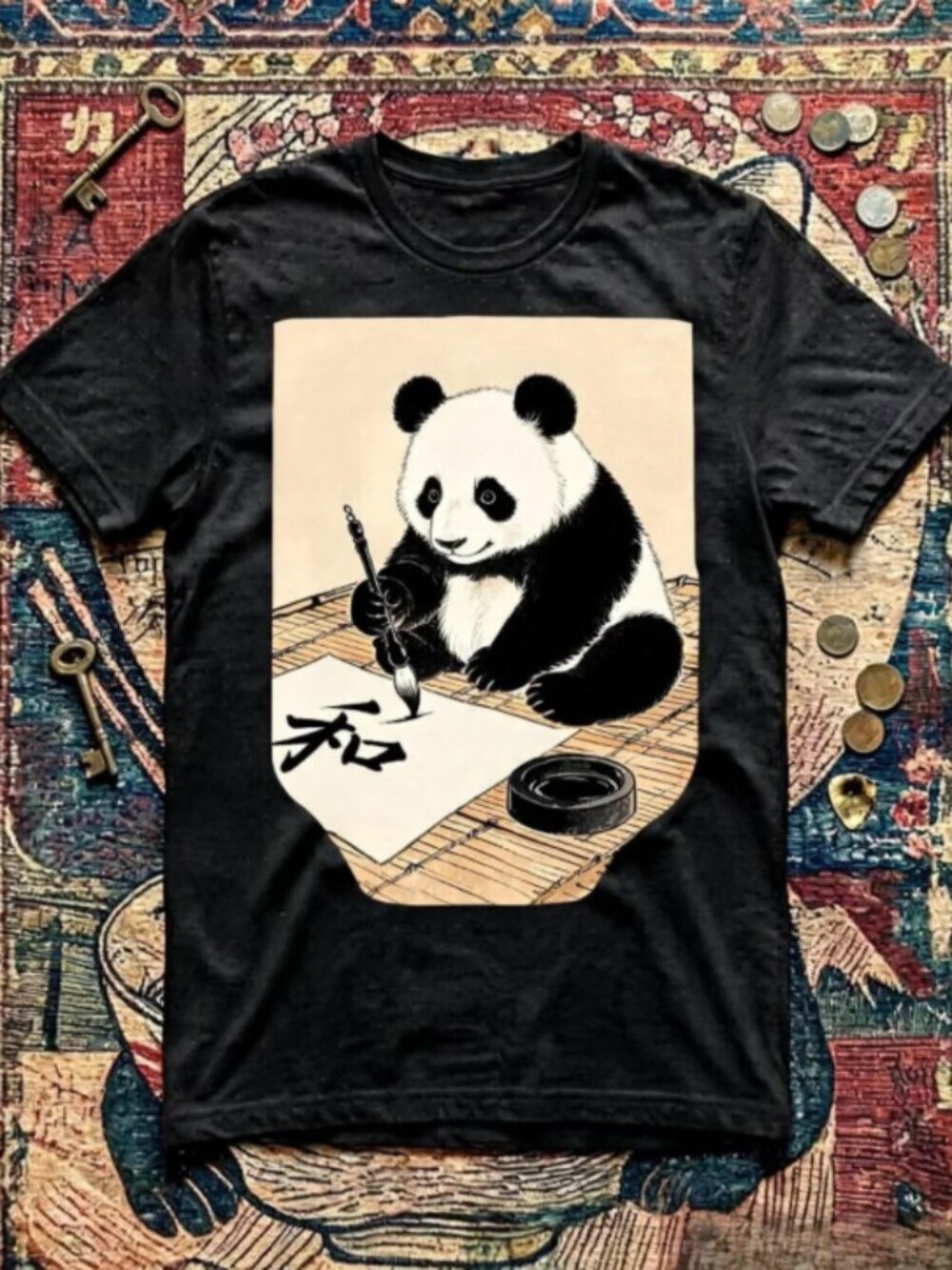 Vintage Japanese Calligraphy Panda Graphic T-Shirt Unisex Cotton Streetwear Y2K
